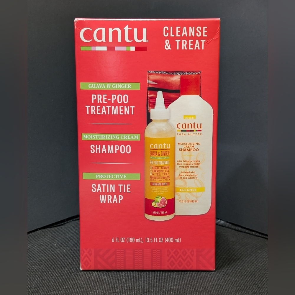 NIB Cantu Cleanse & Treat Guava & Ginger Pre-Poo/Shampoo/Satin Tie Wrap Hair Set